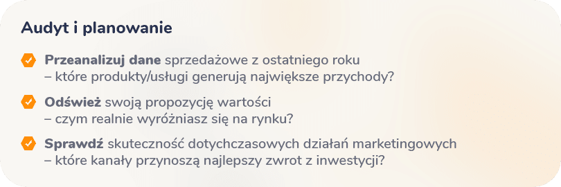 Tekst w języku polskim o audycie i planowaniu z wypunktowaniami dotyczącymi analizy danych sprzedażowych, odświeżania propozycji wartości i sprawdzania skuteczności marketingu.