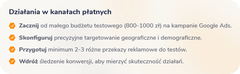 Lista kontrolna działań w kanałach płatnych: zacznij od małego budżetu, skonfiguruj precyzyjne targetowanie, przygotuj 2-3 reklamy do testów i wdróż śledzenie konwersji, aby zmierzyć skuteczność.