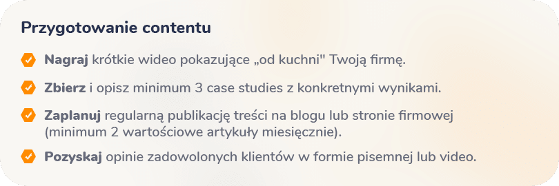 Etapy przygotowywania treści za pomocą ikon: filmy z wytwórni płytowej, zbieranie studiów przypadków, planowanie regularnych wpisów na blogu i uzyskiwanie opinii klientów w formie pisemnej lub wideo.