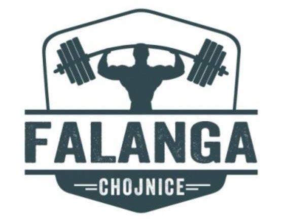 Logo przedstawiające muskularną postać podnoszącą sztangę, nad którą znajduje się pogrubiony tekst „FALANGA CHOJNICE”.