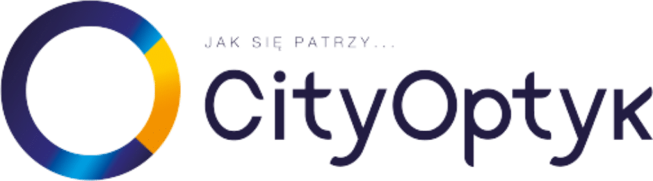 Logo CityOptyk z okrągłą ikoną gradientu i hasłem „Jak Się Patrzy…” nad nazwą.