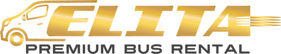 Logo ze złotym tekstem brzmi „ELITA”, ze stylizowaną grafiką pojazdu. Poniżej czarny tekst mówi „Premium Bus Rental.