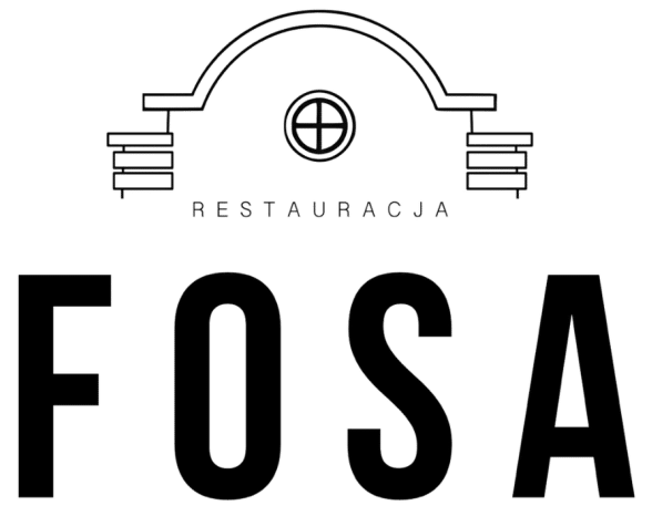 Czarno-białe logo dla "Restauracji Fosa" ze stylizowanym łukiem i okrągłym oknem.