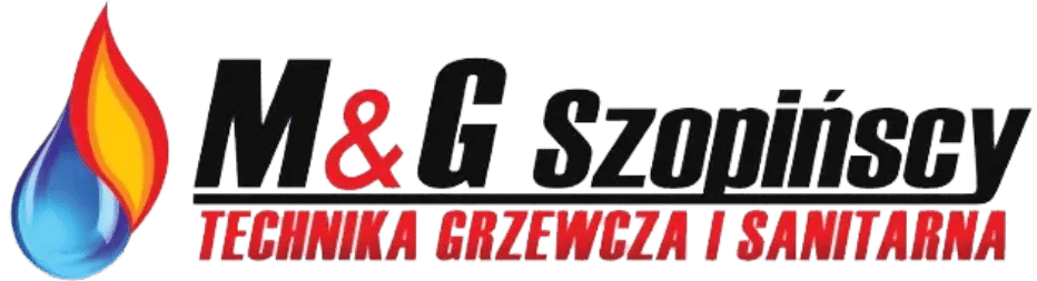 Logo M&G Szopińscy ze stylizowaną ikoną płomienia i kropli po lewej stronie. Tekst brzmi „Technika Grzewcza i Sanitarna” na czerwono pod nazwą firmy.